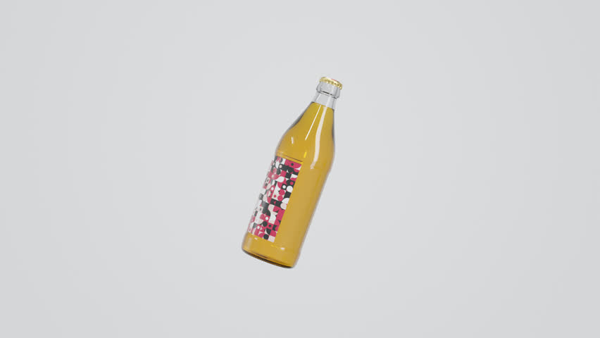 Minimal 3D abstract background featuring a transparent white glass bottle with geometric label, rotating on clean white scene with subtle golden liquid reflections for branding visuals