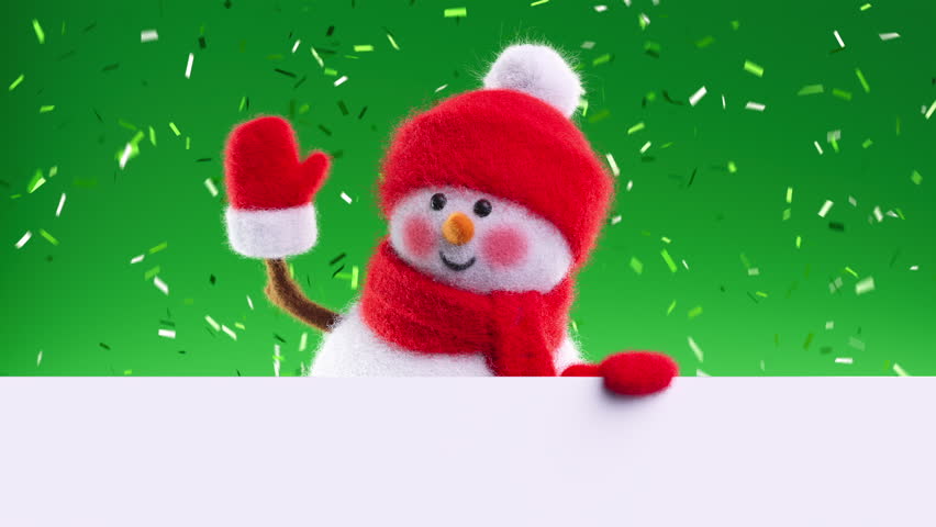 Friendly wool‑felt snowman rises from below a white surface; confetti rains in the back, perfect for holiday lower‑thirds and messages.