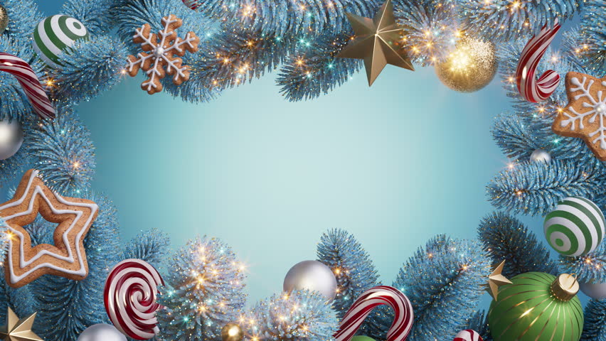 Camera pulls back through a blue fir frame of ornaments, candy canes, and glittering lights, revealing roomy copy space before easing to a stop. 3d render Christmas composition animation.