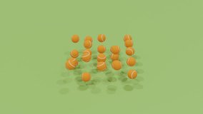 Abstract 3D animation featuring orange tennis balls arranged in a square grid, bouncing playfully on a green surface, creating vibrant geometric motion and rhythmic modern visual composition - Powered by Shutterstock - Get 15% off with code: PIKWIZARD15