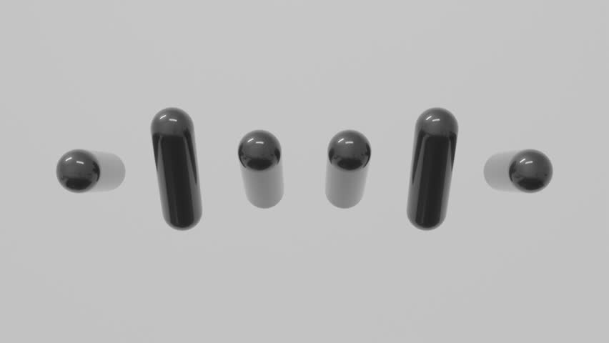 3D abstract background featuring a row of sleek black capsules rotating rhythmically on a bright white surface, ideal for modern visuals, minimalist motion design and contemporary digital compositions