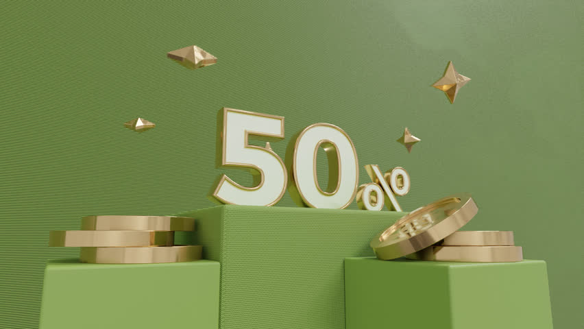 Premium 3d abstract background highlighting golden 50 percent typography at the core, accentuated by fluid motion of geometric 3d elements and modern elegant visual harmony. Green background