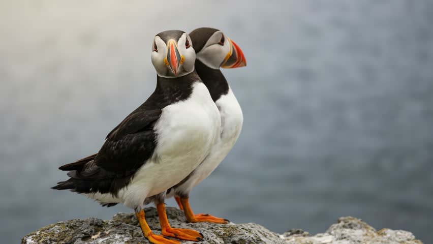 A pair of Horned Puffins (Fratercula corniculata) standing on a rocky cliff overlooking the ocean, showcasing their striking black, white, and orange coloring.