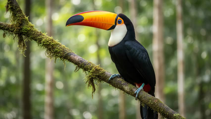 Toco Toucan (Ramphastos toco) perched on a mossy branch in the lush Amazon rainforest, Brazil. A vibrant tropical bird with a massive orange-yellow bill.