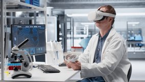 Male chemist using VR glasses in research lab for molecular biology experiment. Virtual reality transforms biotechnology and genetics research in modern interactive laboratory tasks. Camera B. - Powered by Shutterstock - Get 15% off with code: PIKWIZARD15