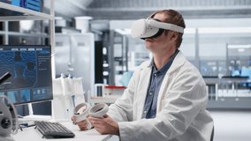 Scientist in futuristic laboratory uses VR glasses to simulate molecular experiments. Virtual reality tech supports biotechnology research and advanced medical discovery in healthcare. Camera B. - Powered by Shutterstock - Get 15% off with code: PIKWIZARD15