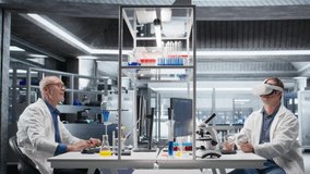 Researcher using VR headset in lab to explore 3D interactive simulations of biochemistry and nanotechnology. Gadget demonstrates innovation in science and advanced research for medicine. Camera A. - Powered by Shutterstock - Get 15% off with code: PIKWIZARD15