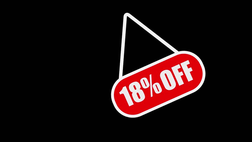 Red oval hanging sign with white border displaying 18% OF text on a black background 18 percent off
