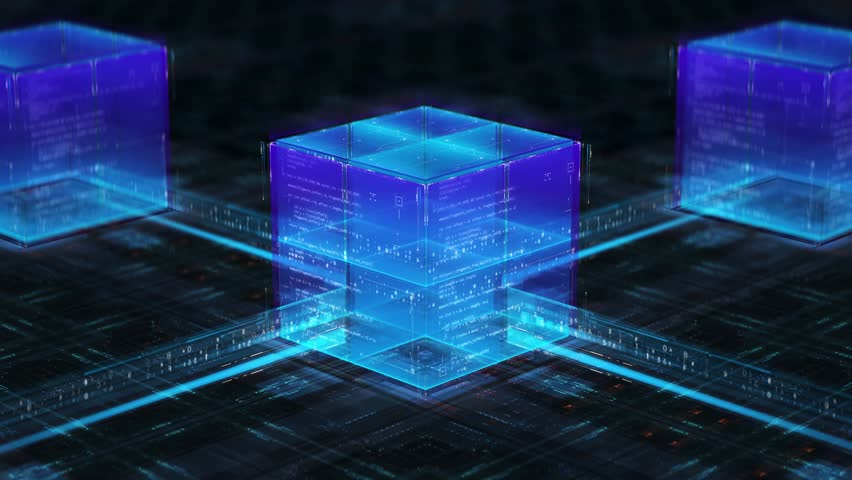 Abstract 3D Animation of Digital Blockchain Network Connected in Futuristic Ai Cubes. Symbol of Cybersecurity, Artificial Intelligence, Data Flow, Modern Technology for Computer Systems and Server 4k