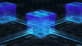 Abstract 3D Animation of Digital Blockchain Network Connected in Futuristic Ai Cubes. Symbol of Cybersecurity, Artificial Intelligence, Data Flow, Modern Technology for Computer Systems and Server 4k - Powered by Shutterstock - Get 15% off with code: PIKWIZARD15