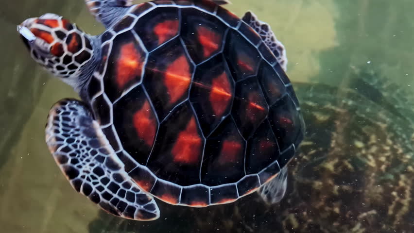 Close up shot of a person's hands gently picking up a small baby sea turtle from a water tank at a conservation hatchery in Koggala Sri Lanka