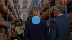 Businesswoman and businessman walking aisle, forklift moving pallet revealing supply chain overlays. Logistics, automation, analytics, industrial, teamwork, connectivity, enterprise - Powered by Shutterstock - Get 15% off with code: PIKWIZARD15