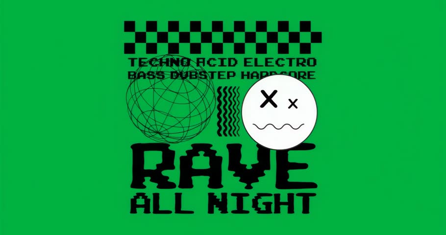 Glitching transparent canvas showing neon stripe moving and text and globe pulsing promoting rave. Cyber, futuristic, vibrant, electronic, digital, abstract, dynamic
