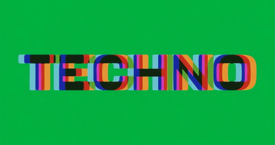 Transparent static noise starting glitching color offsets animating TECHNO logo creating distortion. Futuristic, digital, animation, glitch, vibrant, abstract, cyberspace