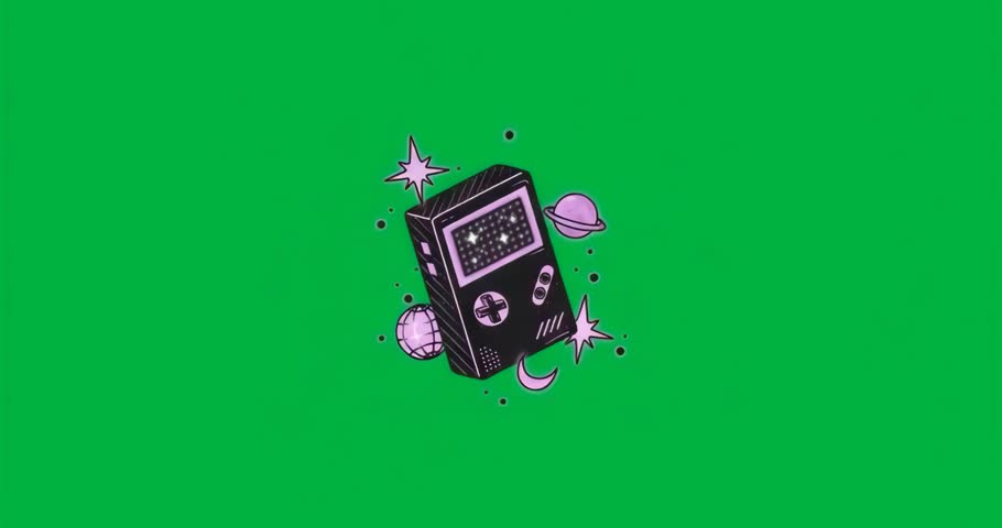 Starting rotating console, drifting icons and glitching nebula looping on transparent backdrop. Retro, futuristic, vibrant, digital, sci-fi, animation, technology