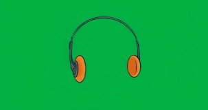 Front view initiating rotating headphones clockwise on clear canvas showing hinge, orange cushions. Headphones, audioequipment, technology, moderndesign, musicaccessories, entertainment, minimalistic - Powered by Shutterstock - Get 15% off with code: PIKWIZARD15