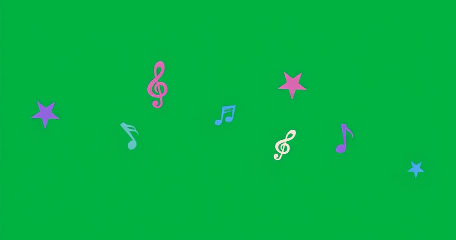 At start seven glowing music and star symbols pulsing, transparent backdrop shining creating motion. Visualization, abstract, glowing, vibrant, rhythmic, digital, energetic