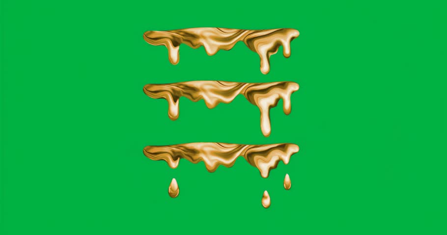 Gravity causing three golden liquid tiers dripping on transparent background for abstract art. Abstract, digital art, vibrant, fluid, textured, modern, visual