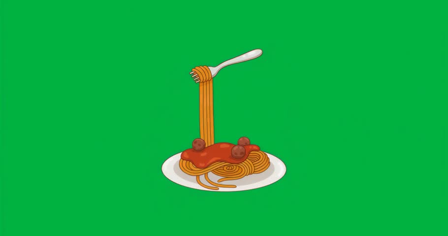 Fork dropping onto spaghetti, rotating noodles showcasing meatball swirl, 3D transparent background. Food, cuisine, pasta, culinary, gastronomic, gourmet, artistry