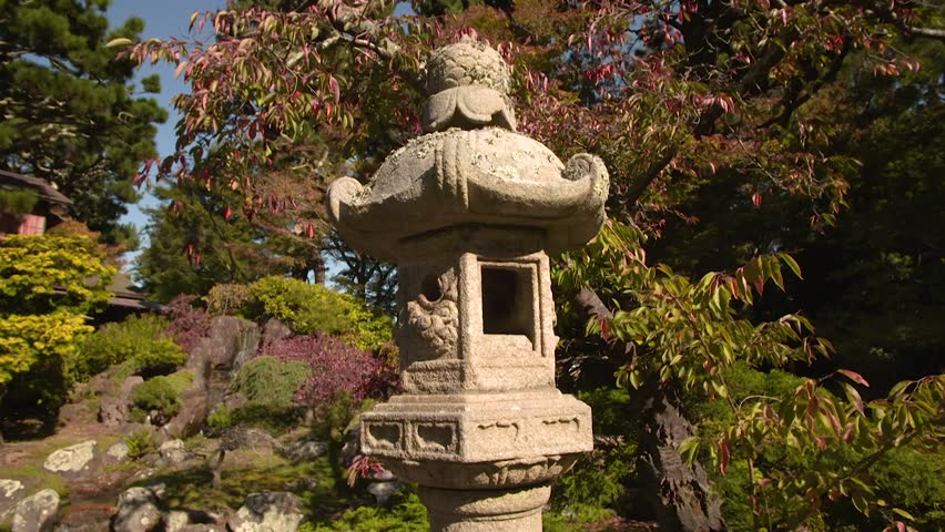 View of a Small Temple Sculpture inside the Japanese Tea Garden on a Sunny Day in Golden Gate Park, San Francisco, California, USA
