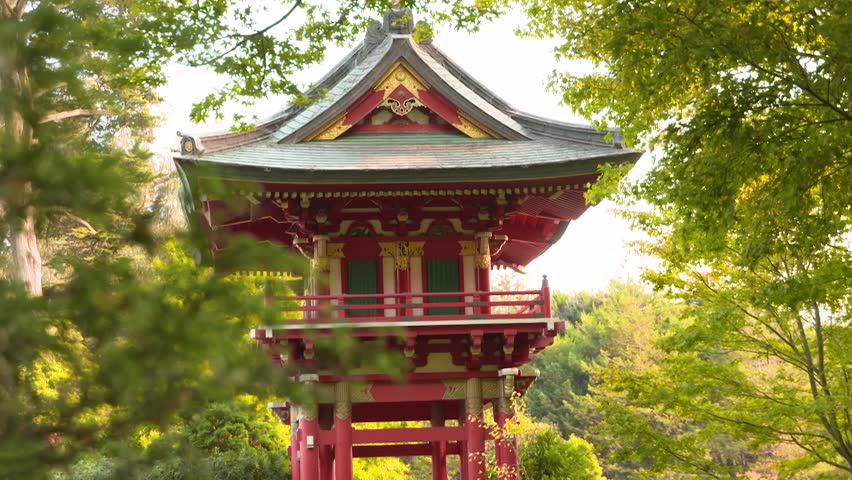 View of a Pagoda in the Japanese Tea Garden on a Sunny Day in Golden Gate Park, San Francisco, California, USA