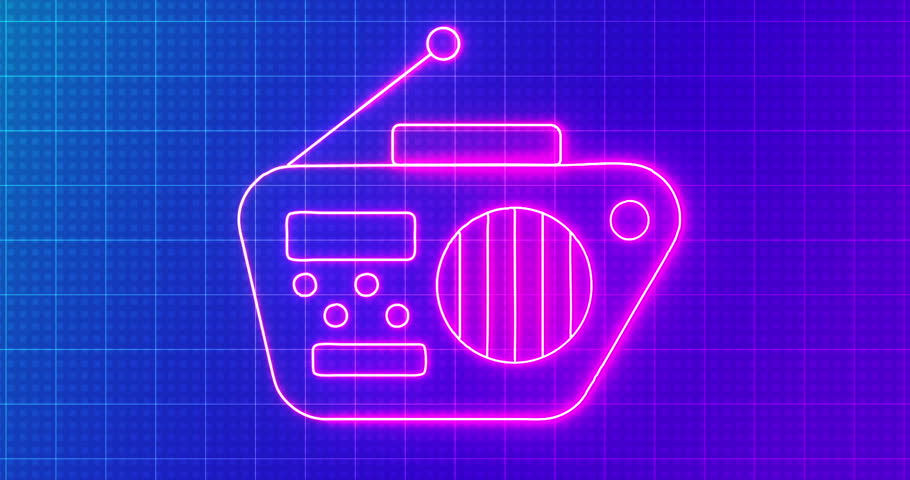 Radio podcast logo animated on neon background with copy space. Radio podcast logo for recording, podcasts, Live Streaming, web design, and social media in 4K. Radio podcast logo animation.