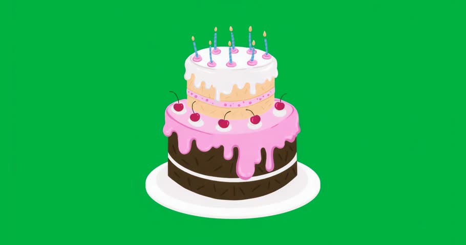 Scene loading two-tier cake dripping icing with cherries and HAPPY candles on transparent bg. Celebration, dessert, confectionery, birthday, gourmet, sweetness, luxury