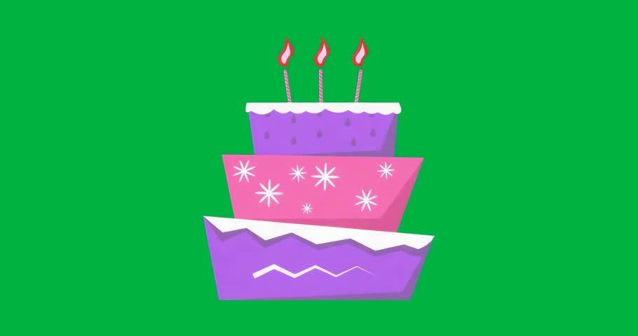 On start, flat design three-tiered birthday cake floating upward to reveal transparent background. Celebration, festivity, graphic, animation, digital, festive, cheerful