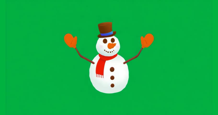 On animation start snowman waving twig arms and mittens on transparent background greeting warmly. Winter, festive, whimsical, cartoon, character, cheerful, motion