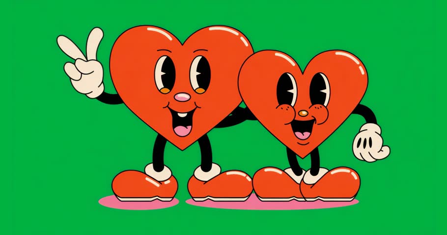 On start two hearts raising V sign, blinking, smiling for greeting on transparent glitch backdrop. Cute, expressive, vibrant, digital art, emotional, friendship, animation