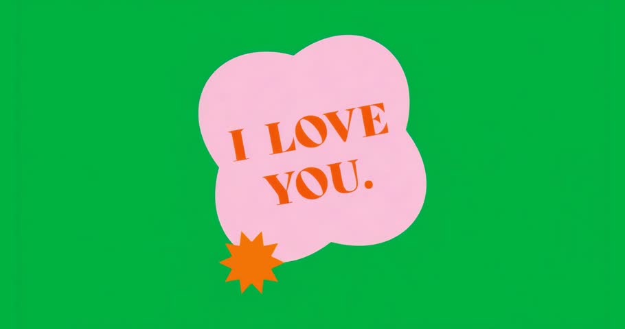 Appearing pink shape showing I LOVE YOU, glitching, accent pulsing on transparent backdrop. Abstract, digital art, glitch, vibrant, futuristic, animated, expressive