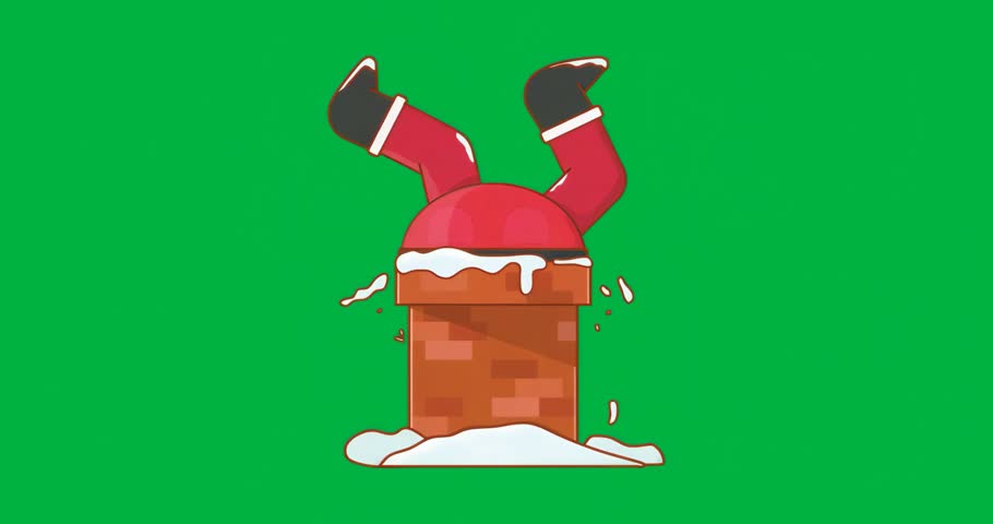 Santa legs descending into snowy chimney, tilting turquoise glitch pixels on transparent background. Festive, holiday, christmas, character, animation, digital, abstract