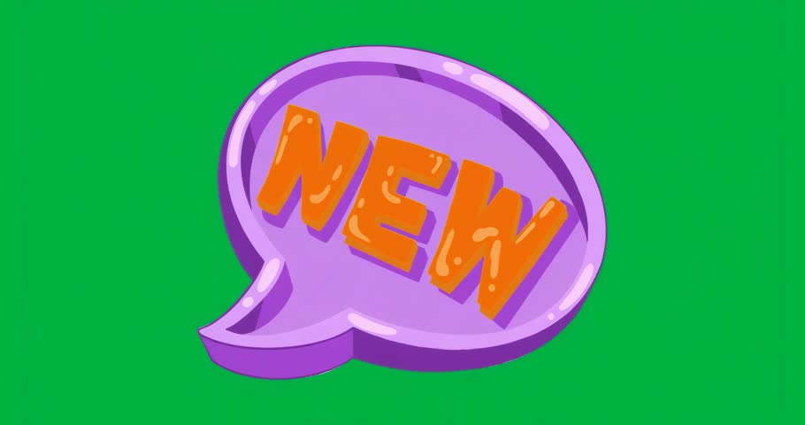Purple speech bubble labeled NEW appearing rotating over transparent pulsing glitch for promo. Digital art, modern design, promotional, 3d modeling, graphic template, futuristic, motion graphics
