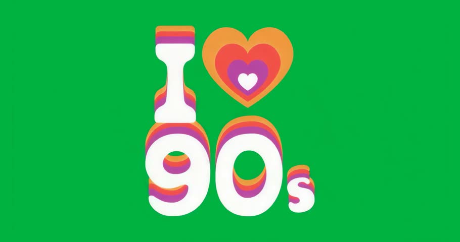 Glitch flickering over I ♥ 90s text, then receding to reveal clean logo on transparent background. Retro, vaporwave, glitch art, digital aesthetics, nostalgic, vibrant, abstract