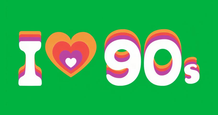 Glitch wave starting around retro I ♥ 90s logo, outlining pixelating, subsiding, evoking nostalgia. Retro, vaporwave, psychedelic, digital, vibrant, nostalgic, glitch