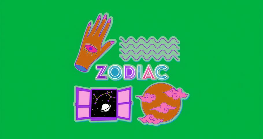 Subtle glitch animating noisy pixels behind zodiac icons on clear background for astro display. Astrology, cosmic, futuristic, digital, abstract, vibrant, mystic
