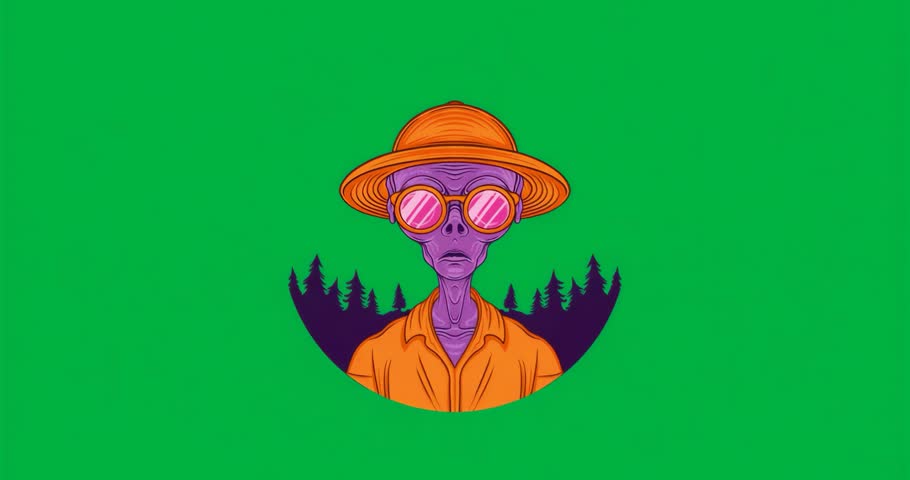 Portal fading in triggers purple alien head tilting with pulsing pixels in transparent background. Fantasy, surreal, digital, futuristic, character, abstract, glow