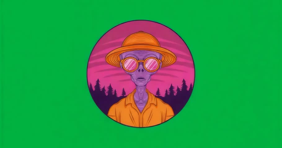 On loop start, purple-skinned alien staying static in glitch frame, showing straw hat, sunglasses. Fantasy, surreal, retro, futuristic, vivid, mystical, abstract