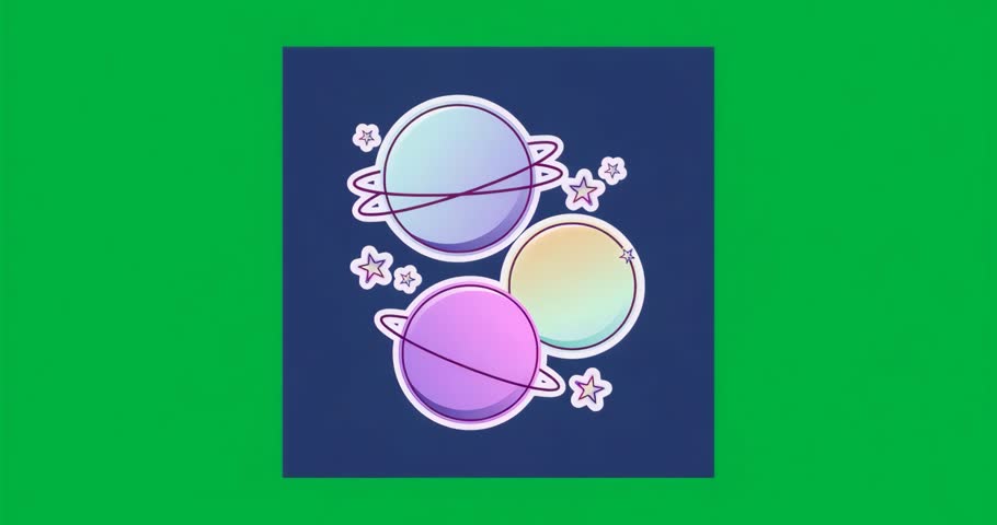 On start three pastel orbs and stars appearing rotating to show orbit on transparent canvas. Space, orbit, planetary, celestial, minimalistic, digital art, animation