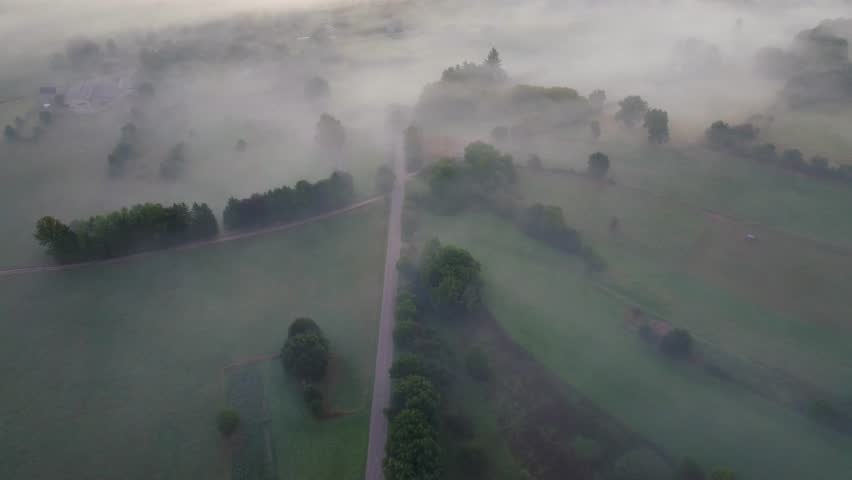 Fog over country road, green fields and trees in the Ardennes, aerial