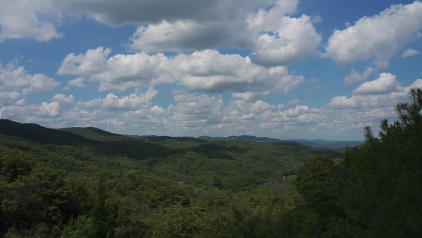 From the top of Ki Castle, one of Japan's Top 100 Castles, under a blue sky with white clouds, the rolling, lush mountains form a magnificent and vibrant natural landscape.