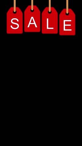 Visual trigger for sales: animated red tags with "SALE" written on them, hanging from lanyards and swinging smoothly on a black background.