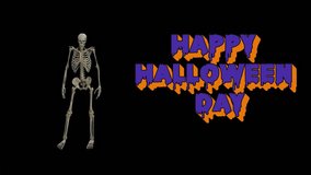 Animated greeting banner with the text Happy Halloween Day in a dripping style and a dancing skeleton on a black background. Template for videos, covers, and digital content. - Powered by Shutterstock - Get 15% off with code: PIKWIZARD15