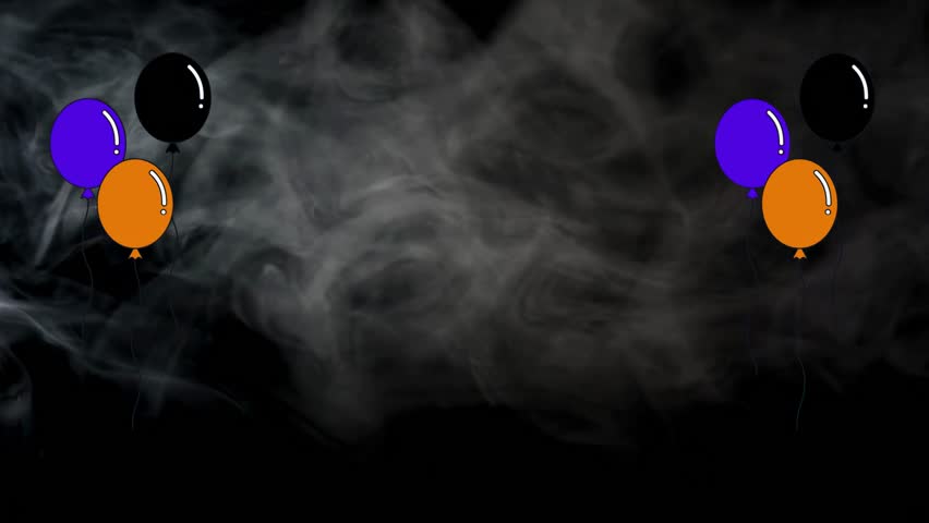 Animated greeting with purple and orange text reading Happy Halloween and black, orange, and purple balloons on a black background with swirling smoke.