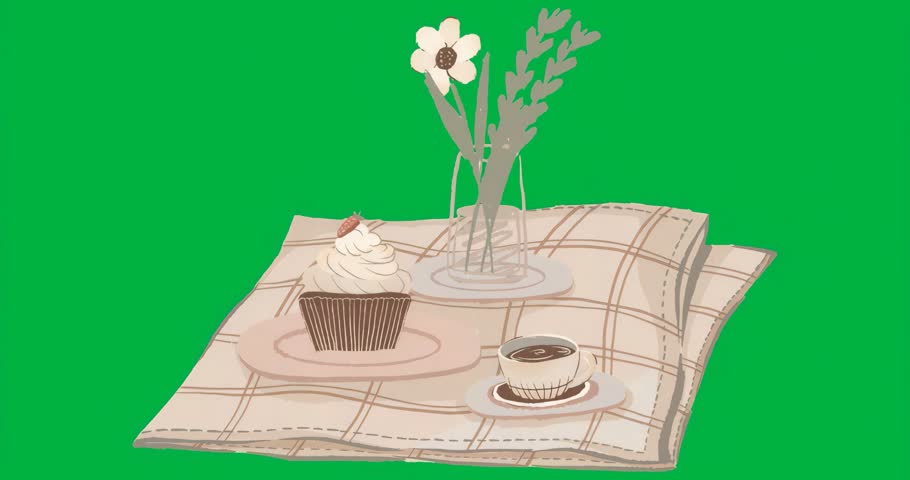 food marketing designer placing cupcake and coffee on transparent backdrop, showing animated labels. Dessert, floral, minimalism, elegance, still life, gourmet, aesthetic