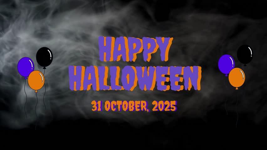 Animated greeting with purple and orange text reading Happy Halloween, October 31 and black, orange, and purple balloons on a black background with swirling smoke.