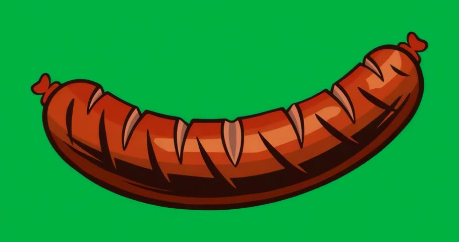 Designers adding grilled sausage to food marketing art showing cut marks on transparent background. Graphic, cuisine, illustration, food, playful, vibrant, gourmet