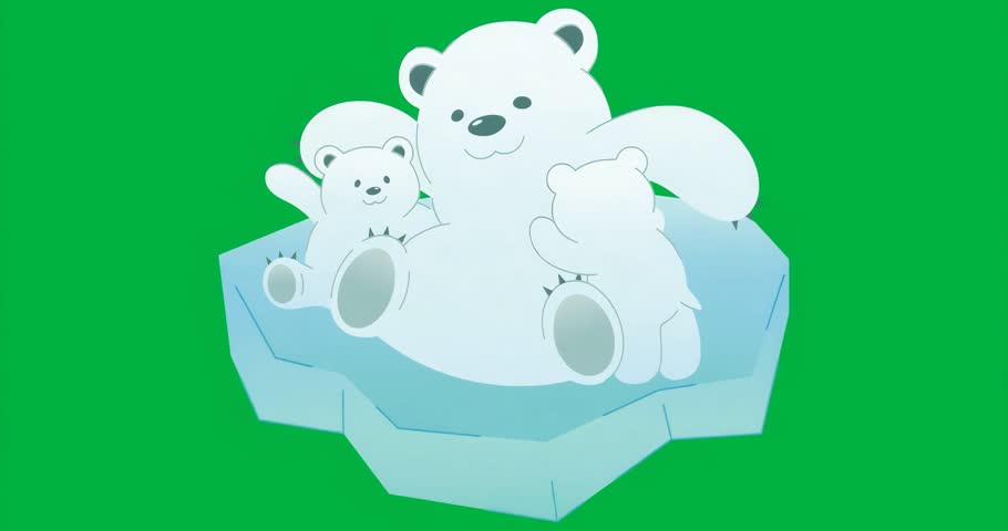 Parent polar bear holding cubs on angular ice floe, using transparent background for graphic design. Animals, wildlife, arctic, fauna, cold environment, family, cartoon style