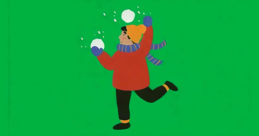 Cartoon designer tossing snowballs on transparent background, showcasing winter marketing animation. Winter, snowfall, cold, seasonal, playful, vibrant, illustration
