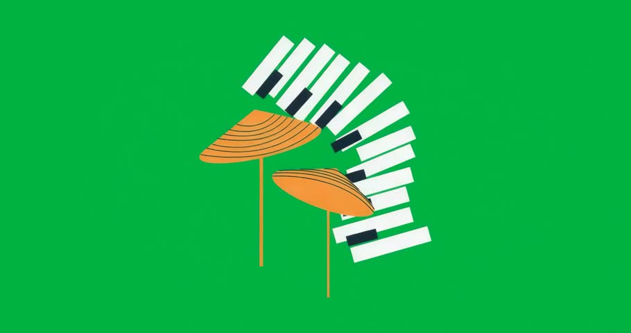 Mushrooms leaning beside curved piano keys, floating over transparent background for graphic design. Vector illustration, surreal design, abstract art, musical motif, bold outlines, flat colors,